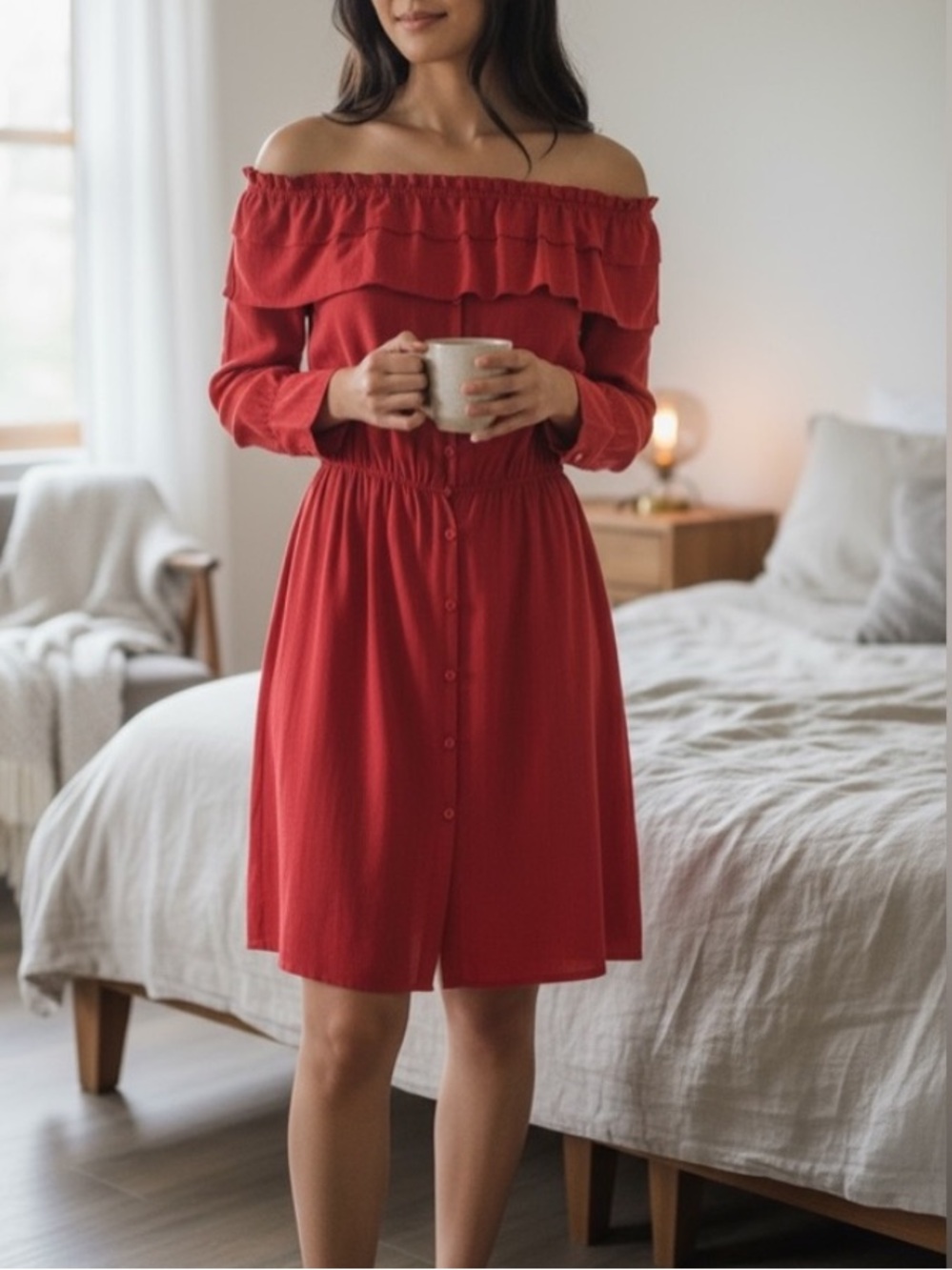 NEW•CREME DE LA CREME OLIVIA OFF THE SHOULDER RED COTTAGE CORE STYLE DRESS•L-1X